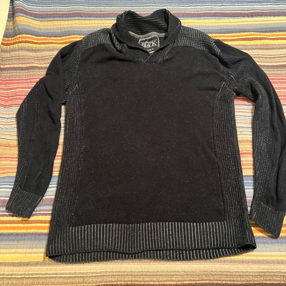Buckle Black Athletic Fit Shawl Collar‎ Knit Sweater Mens XL Black Textured